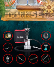 Dark Set Narghilè Luna Vacanza Argento – narghilè compatto da viaggio in alluminio con ampolla in vetro e accessori completi per l’estate